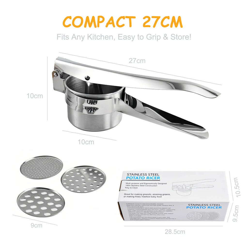 Stainless Steel Potato Ricer Masher with 3 Interchangeable Discs,Multi Functional Manual Press for Spaetzle, Gnocchi, Spaghetti, Potatoes, Fruits, Vegetables,Heavy Duty Kitchen Tool, Easy Squeeze