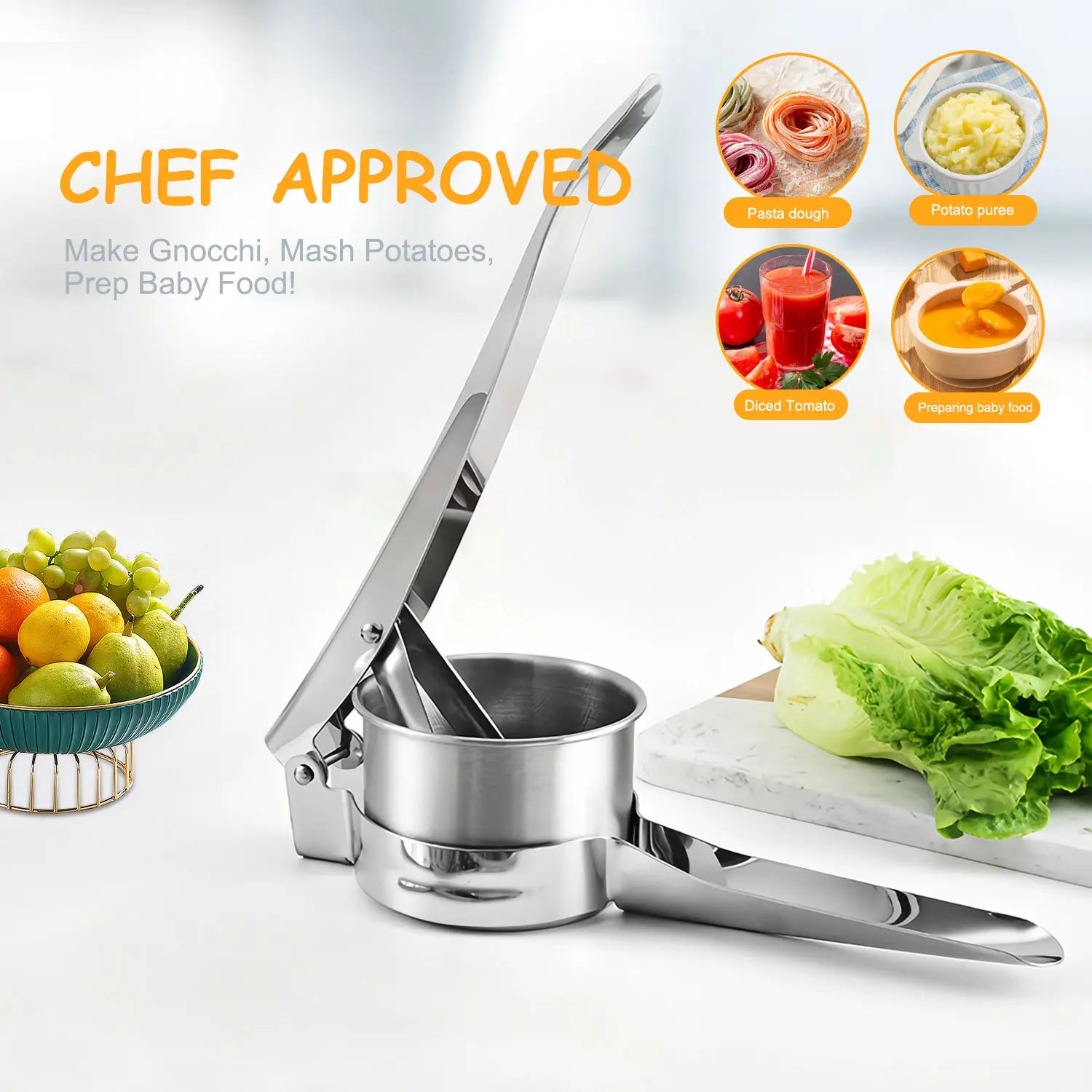 Stainless Steel Potato Ricer Masher with 3 Interchangeable Discs,Multi Functional Manual Press for Spaetzle, Gnocchi, Spaghetti, Potatoes, Fruits, Vegetables,Heavy Duty Kitchen Tool, Easy Squeeze