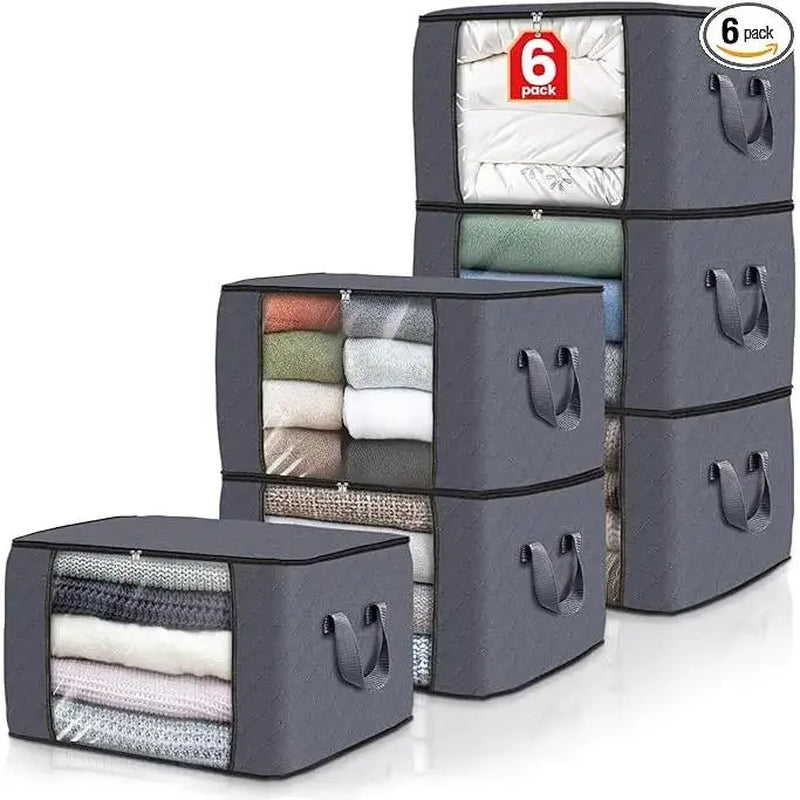 6-Pack Grey Foldable Thick Cloth Clothing Storage Bags with Handles, Travel Organizers for Bedroom Wardrobe, Window, Cabinet, Tool, Student Item Organization (Clothes, Bedding)