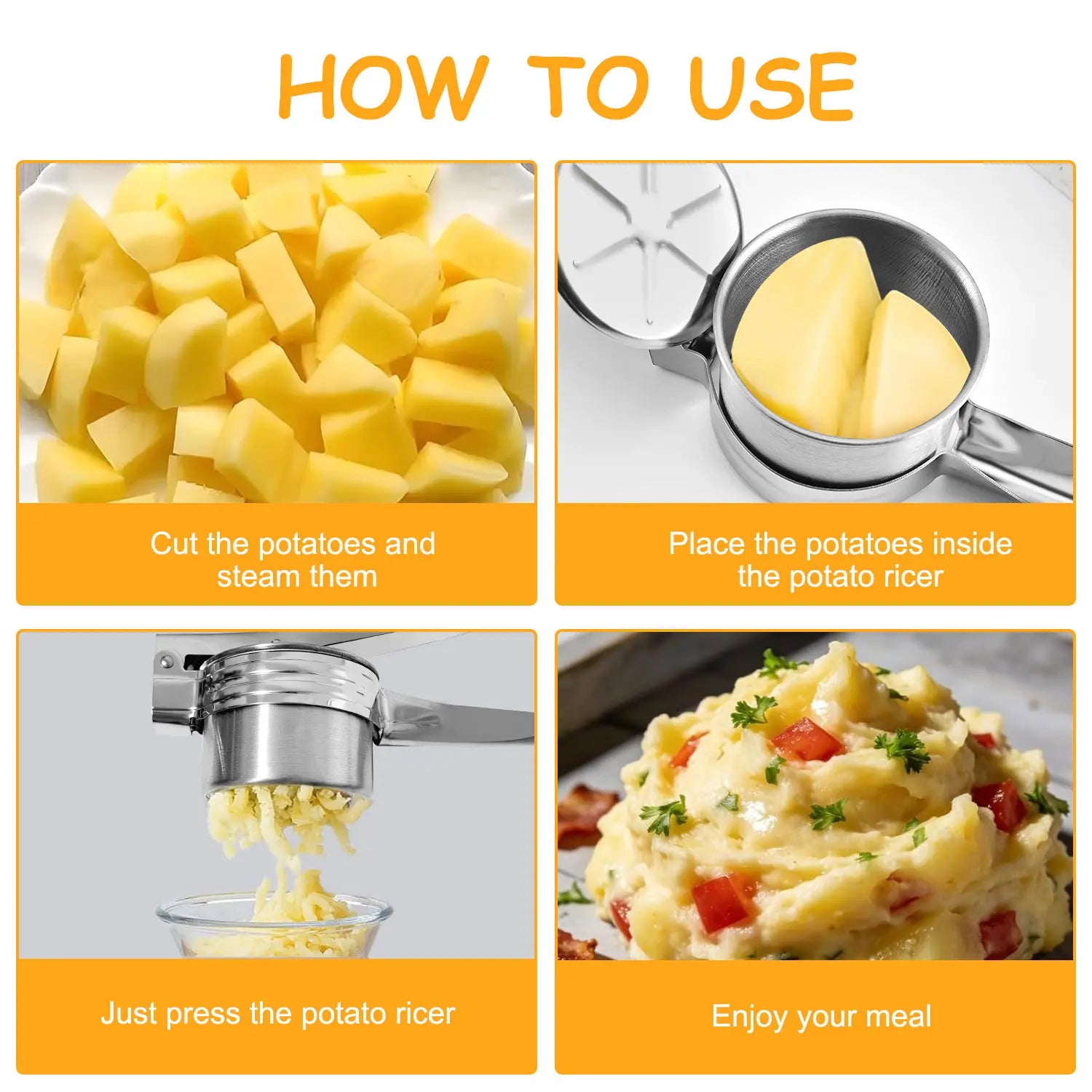 Stainless Steel Potato Ricer Masher with 3 Interchangeable Discs,Multi Functional Manual Press for Spaetzle, Gnocchi, Spaghetti, Potatoes, Fruits, Vegetables,Heavy Duty Kitchen Tool, Easy Squeeze